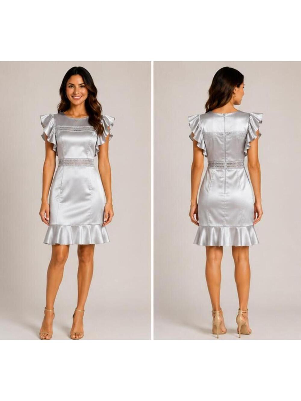 WHY Silver Faux Leather Ruffle Sleeve Lace Trim Midi Dress Sz XL NWT Day-Dinner